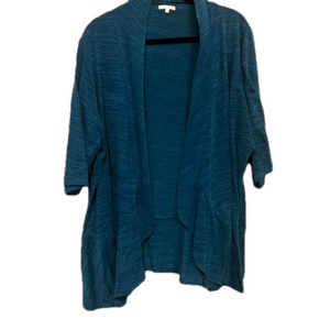 Kiyonna Cardigan Womens 3x 3/4 Sleeves Blue Long Ruffle Trim Open Soft Knit